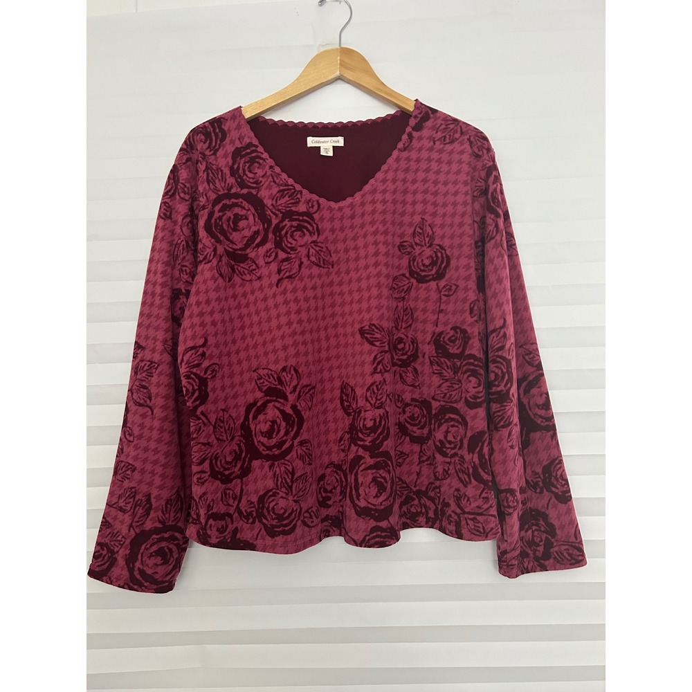 Coldwater Creek Womens XL Burgundy Floral Houndstooth Scalloped V-Neck Top